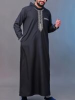Men's White Hooded Kaftan with Black Embroidery & Faux Pockets - Long Sleeve Traditional Arabian Robe for Ramadan & Eid al-Adha Festivals, Casual Polyester Blend, Loose Fit, All-Season Wear, Casual Wear | Decorative Robe | Elastane Fabric - Image 2