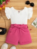 2pcs Trendy Girls Solid Flutter Trim T-Shirt Top + Shorts With Bow Belt Set For Summer Outdoor Outfit - Image 2