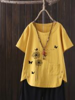 ⁦1pc Women'S Plus Size Casual Crew Neck Shirt with Floral Print and Button Detail, Woven Non-Stretch Fabric, All Season Short Sleeve Top⁩ - الصورة ⁦2⁩