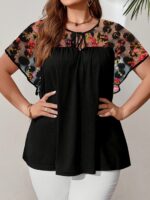 Plus Size Women's Floral Print Tie-Front Black Top with Adjustable Bow & Flutter Sleeves - Lightweight Semi-Sheer Summer Blouse, Machine Washable Elegant Pullover for Casual or Dressy Outfits, Floral Print Blouse, Casual Chic Top, Elegant Flutter Sleeves, - Image 6