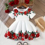 ⁦Single Piece Girls' Floral Print Dress - Bright Polyester Knit, Casual Fit, Suitable for Spring/Summer - Machine Washable, Girls' Clothing⁩ - الصورة ⁦8⁩