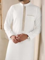 Men's Elegant White Long Sleeve Kandora - Traditional Arabian Robe with Stand Collar, Geometric Pattern, All-Season Polyester Blend for Islamic and Cultural Events, Allseason Robe | Elegant Kandora | Smooth Fabric - Image 8