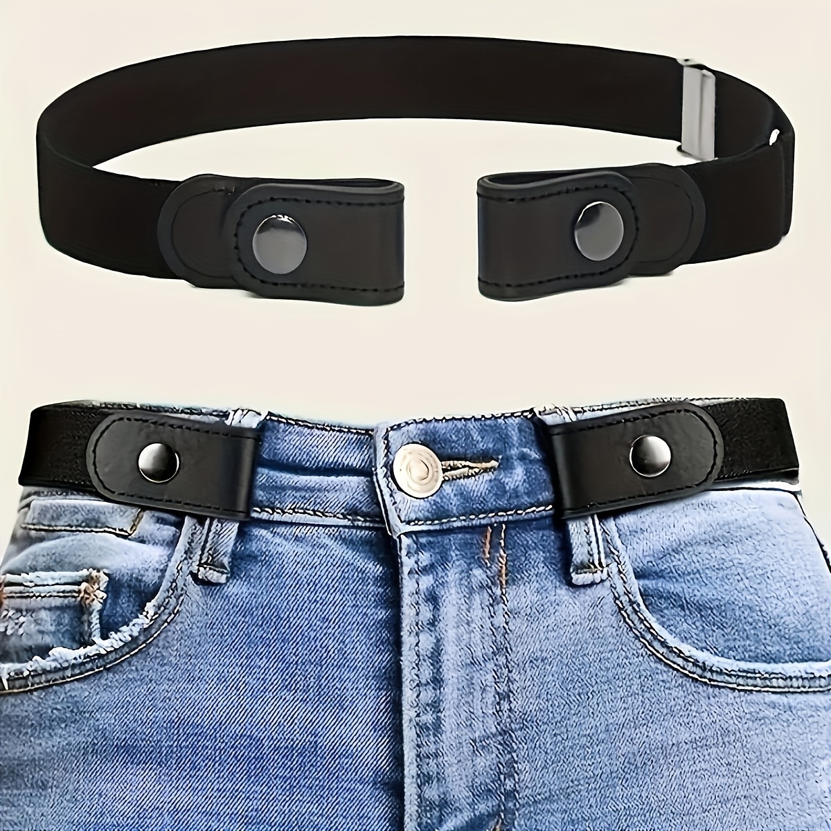 668de6ce-7fbd-45eb-9fa9-8de4361bc012.jpg 1pc Adjustable No-Sew Invisible Elastic Belt for Jeans & Pants - Black Stretch Comfort Waistband with Metallic Buckle, Unisex Casual Fashion Belt for Women & Men, Jeans Accessory, Sleek Belt Design, Smooth Texture - Image 1