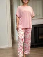 Large Size Women's Casual Green Solid Color T-shirt and Elegant Floral Long Pants Pajama Set - Image 5