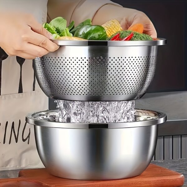 Stainless Steel Filter, Mixing Bowl with Basin for Water Filtration, Stainless Steel Colander with Bowl Set, Drain Basket with Basin for Washing Vegetables and Fruits, Rice Filter for Rice, Fruits, Vegetables, Mixed Salads and Dried Italian Noodles