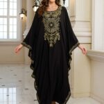 EDOLYNSA Women's Plus Size Middle Eastern Kaftan Cover-Up Dress - Batwing Sleeves, Floral Embroidery & Golden Accents, Loose Fit Turkish Robe for Ramadan, Beach Vacations, Casual Outings (Black), Muslim Dress, Festive Attire, Nontransparent Fabric