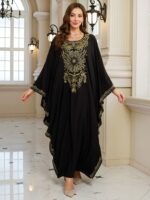 EDOLYNSA Women's Plus Size Middle Eastern Kaftan Cover-Up Dress - Batwing Sleeves, Floral Embroidery & Golden Accents, Loose Fit Turkish Robe for Ramadan, Beach Vacations, Casual Outings (Black), Muslim Dress, Festive Attire, Nontransparent Fabric