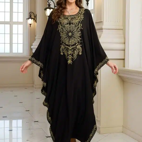 EDOLYNSA Women's Plus Size Middle Eastern Kaftan Cover-Up Dress - Batwing Sleeves, Floral Embroidery & Golden Accents, Loose Fit Turkish Robe for Ramadan, Beach Vacations, Casual Outings (Black), Muslim Dress, Festive Attire, Nontransparent Fabric