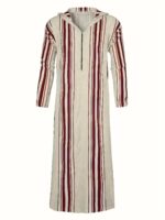 Moroccan Men's Long Robe in - Casual Striped Hooded Sweatshirt, Polyester, Non-Stretch Fabric, Spring/Autumn Wear