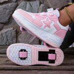 Girls' Pink & White Roller Skate Sneakers with Removable Wheels - Rotating Buckle Closure, Durable PU Upper & TPR Sole, Heart Design, Perfect for Sports, Training & All Seasons, Hand Wash or Dry Clean, Skate Shoes - Image 3