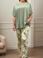 Large Size Women's Casual Green Solid Color T-shirt and Elegant Floral Long Pants Pajama Set - Image 6