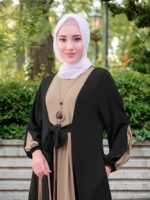 Middle Eastern Casual Long Dress Muslim Ramadan Color-Contrast Waistband Tuck-in Headed Elegant Outing Dress Abaya (without Headscarf) - Image 9