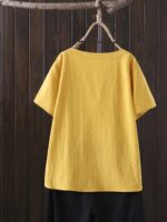 ⁦1pc Women'S Plus Size Casual Crew Neck Shirt with Floral Print and Button Detail, Woven Non-Stretch Fabric, All Season Short Sleeve Top⁩ - الصورة ⁦4⁩