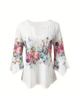 ⁦Floral Print Notched Neck Blouse, Casual Button Front Blouse For Spring & Summer, Women's Clothing⁩ - الصورة ⁦3⁩