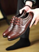 Men's Solid Color Top Grain Leather Upper Derby Shoes, Comfy Non Slip Rubber Sole Casual Durable Dress Shoes, Men's Footwear - Image 11