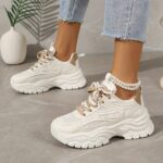 ⁦2025 New Women's Chunky Platform Dad Sneakers - White & Beige Lace-Up Casual Shoes with Thick Rubber Sole, EVA Cushion, Breathable Mesh & Synthetic Cover for All-Season Comfort⁩ - الصورة ⁦3⁩