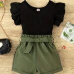 2pcs Trendy Girls Solid Flutter Trim T-Shirt Top + Shorts With Bow Belt Set For Summer Outdoor Outfit
