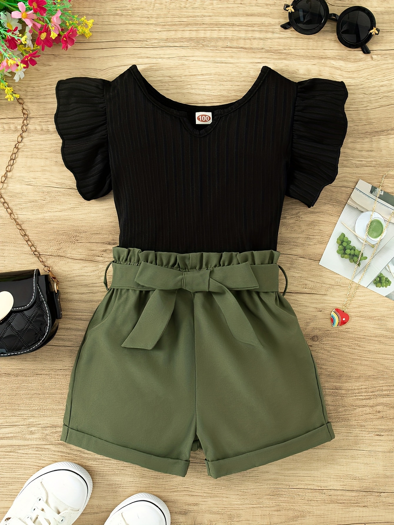 6f9ae9e7-be11-4ff9-87e3-b7b806390d0d-1.jpg 2pcs Trendy Girls Solid Flutter Trim T-Shirt Top + Shorts With Bow Belt Set For Summer Outdoor Outfit - Image 1