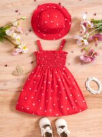 ⁦0-3 Years Old Two-piece Set for Girls, Summer Love Print Sleeveless Wrap Dress with Suspenders + Hat, Princess Dress in Two Colors to Choose from⁩ - الصورة ⁦5⁩