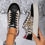 ⁦[Everyday Comfort] Women's Leopard Print Star Sneakers, Casual Lace-Up Low Top Shoes with Round Toe, Fabric Upper & Mesh Inner, PVC Sole, Polyurethane Insole - Spring Fashion, Everyday Shoes|Leopard Print Sneakers|Artificial Cover Sneakers⁩ - الصورة ⁦5⁩