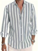 Men's Stylish Striped Long Sleeve Button-Up Shirt - Casual Lapel Collar, White & Brown Vertical Stripes, Lightweight Fabric, Perfect for Beach Vacations, Dates, and Gifts, Beach Wear, Versatile Fashion | Classic Striped Shirt | Collared Long Sleeve - Image 5