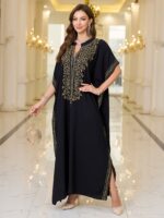EDOLYNSA V-Neck Black Vine Embroidery Ethnic Style Short-Sleeved Slit Long Beach Dress Fashion Middle East Outdoor Loose Casual Outerwear Sunscreen Large Size Blouse Kaftan Q1758 - Image 4