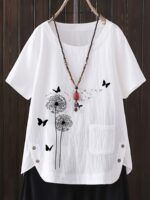 1pc Women'S Plus Size Casual Crew Neck Shirt with Floral Print and Button Detail, Woven Non-Stretch Fabric, All Season Short Sleeve Top