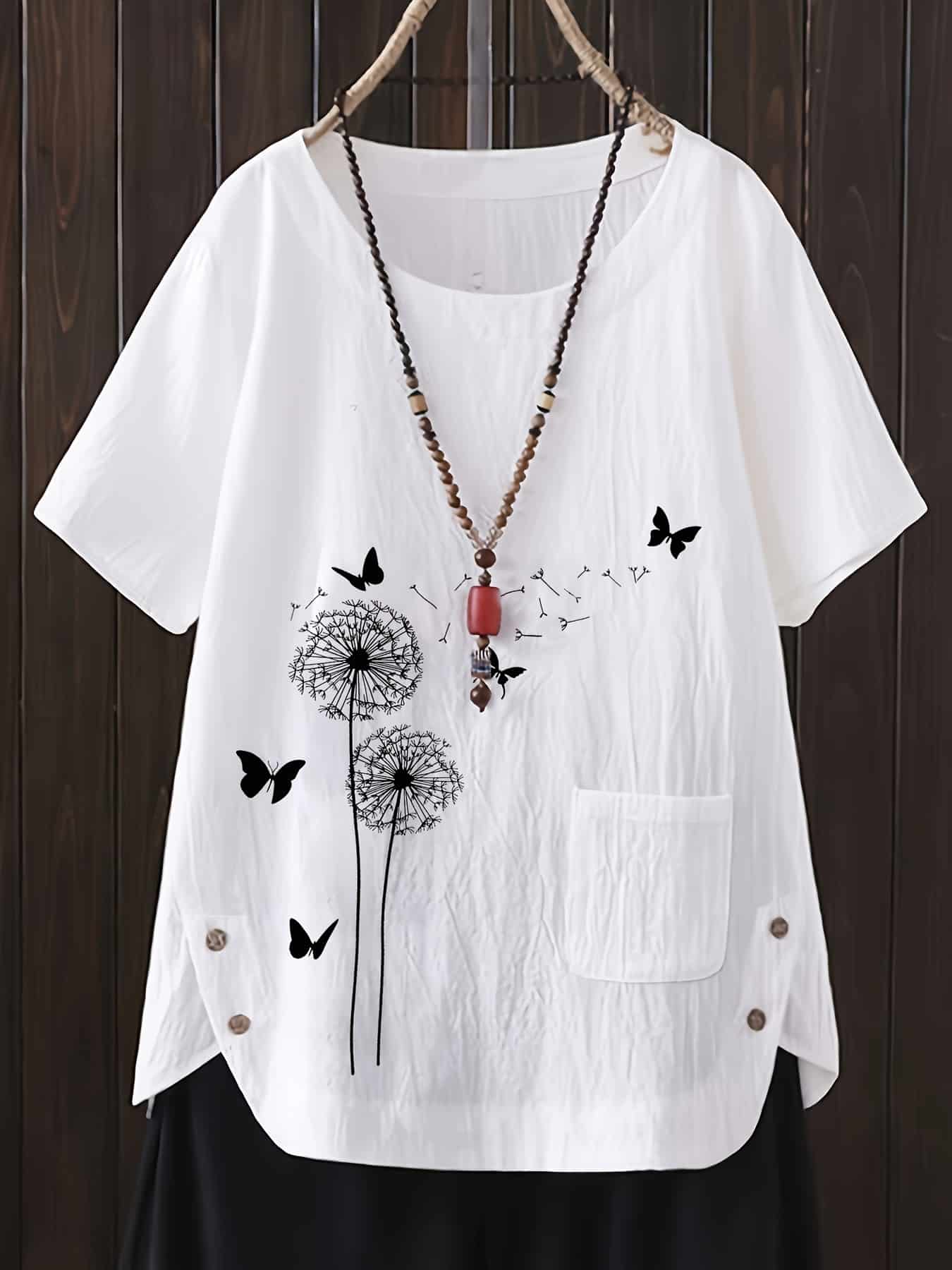 726694b0-0acc-4748-9222-c74ebe74e57c-2.jpg 1pc Women'S Plus Size Casual Crew Neck Shirt with Floral Print and Button Detail, Woven Non-Stretch Fabric, All Season Short Sleeve Top - الصورة 1
