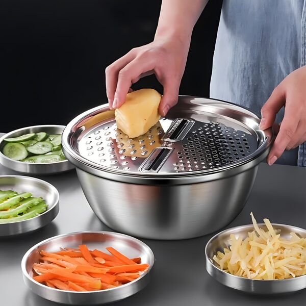 3pcs Stainless Steel Kitchen Set with One-Piece Grinder, Multi-Function Filter and Mixing Bowl - Perfect for Cleaning and Slicing Fruits, Vegetables, Cheeses | Food Safe with Drainage System, Ideal for Home Cooking, Kitchen Grinder