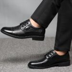 Men's Solid Color Top Grain Leather Upper Derby Shoes, Comfy Non Slip Rubber Sole Casual Durable Dress Shoes, Men's Footwear - Image 9
