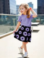 ⁦Girls' Sunflower Print Short Sleeve Top + Skirt Set, Summer Two-Piece Outfit for Everyday Wear/Vacation/Party, Suitable for Children Aged 3-10⁩ - الصورة ⁦2⁩