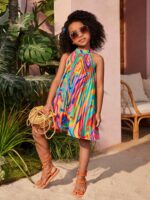 Boho Summer Loose Fit Non-Stretch Woven Pleated Tie Dye Halter Dress, Polyester, for Youth - Image 5