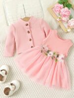 ⁦Girls' Casual Floral Dress with Long Sleeve Jacket Skirt Set⁩ - الصورة ⁦4⁩