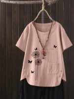 ⁦1pc Women'S Plus Size Casual Crew Neck Shirt with Floral Print and Button Detail, Woven Non-Stretch Fabric, All Season Short Sleeve Top⁩ - الصورة ⁦3⁩