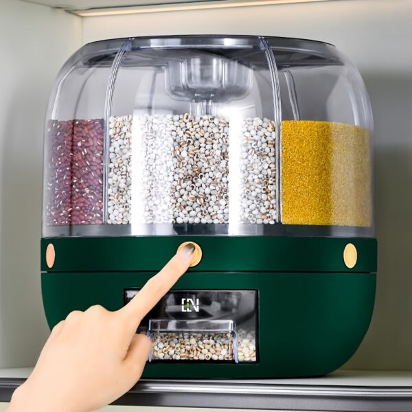 Rotating Cereal Dispenser Container, Food Grade, Insect & Moisture Proof, Hand Wash Multipurpose Plastic Round Grain Organizer with Flip Top Lid, Reusable, Sealed Compartments for Rice, Dry Food Storage