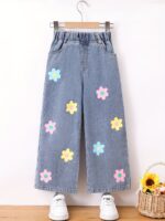 Girls' Floral Print Wide-Leg Jeans - Light Blue Denim with Colorful Flower Design, Elastic Waist, Loose Fit for Spring & Fall Outings, Spring Fashion | Playful Design | Vibrant Flowers, Cute Jean