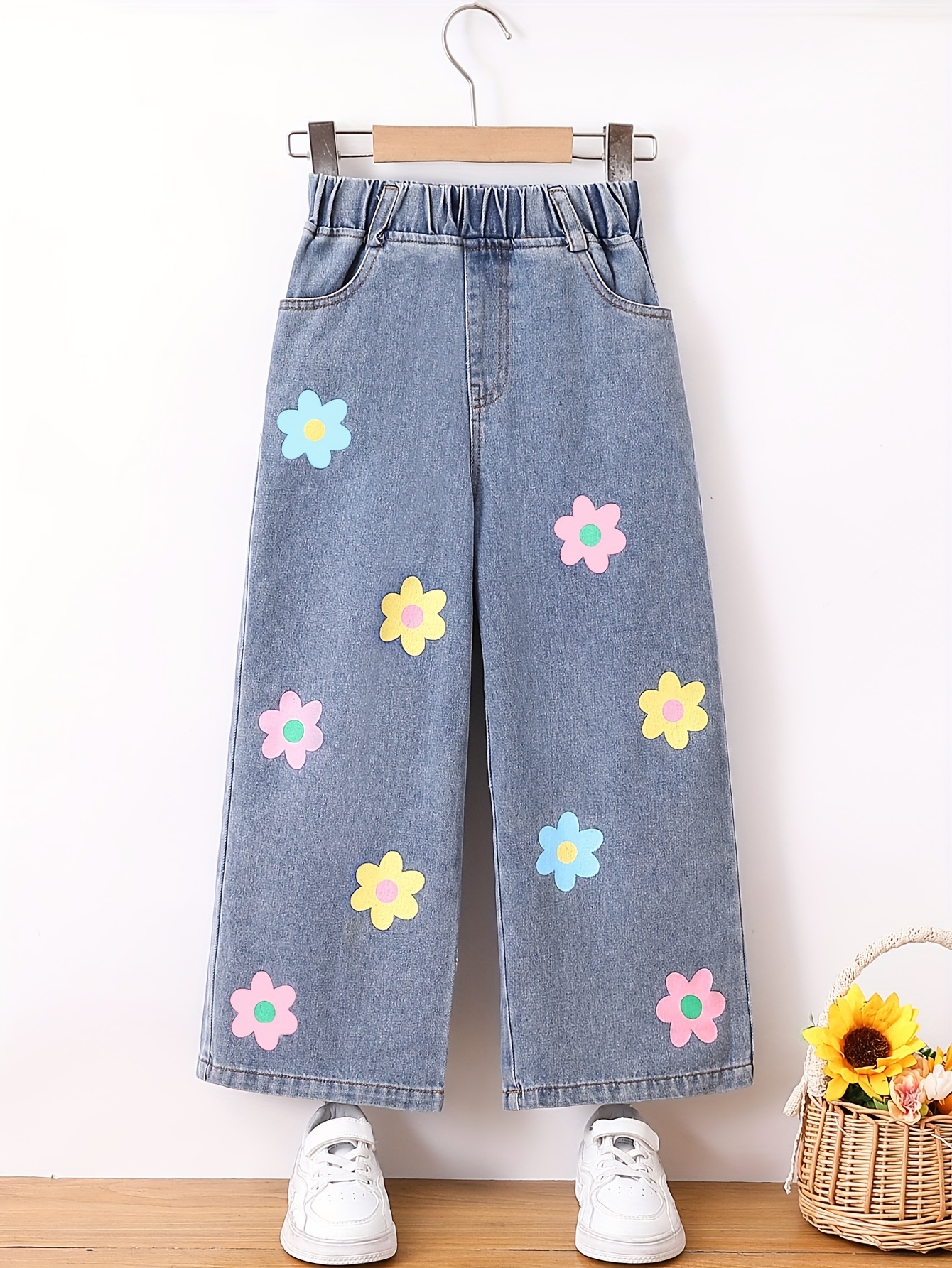 755a033c-9114-4293-9dd1-6e4482470d48-1.jpg Girls' Floral Print Wide-Leg Jeans - Light Blue Denim with Colorful Flower Design, Elastic Waist, Loose Fit for Spring & Fall Outings, Spring Fashion | Playful Design | Vibrant Flowers, Cute Jean - Image 1