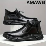 ⁦AMAWEI Men's High Top Steel Toe Work Boots - Puncture Proof, Anti-Skid, Lace Up Safety Shoes for Industrial & Outdoor Use, Casual Sports Style, All-Season, Round Toe, Microfiber Synthetic Upper, Fabric Inner, Rubber Sole, EVA Insole, Casual Work Boots|Lac⁩ - الصورة ⁦2⁩