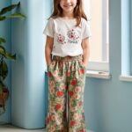 Summer Youthful Pant Set with Short Sleeves for Girls, New Fashionable Casual Two-Piece Outfit for Middle and Large Youngsters, Featuring a Floral Pattern, Short Sleeves, and Wide-Leg Pants, for Outdoor