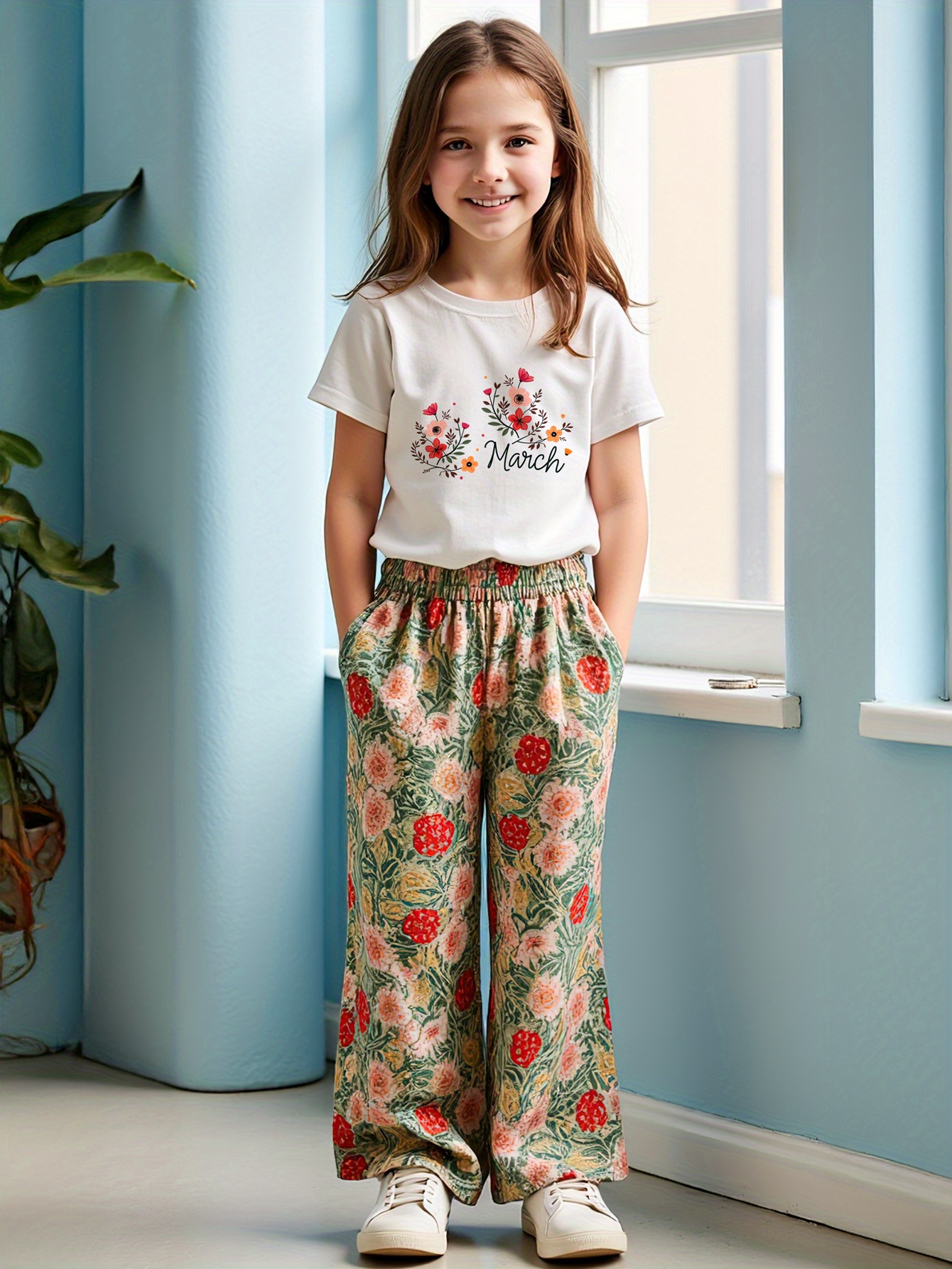 75f1c538736749b3a5f627967394394e-goods.jpeg Summer Youthful Pant Set with Short Sleeves for Girls, New Fashionable Casual Two-Piece Outfit for Middle and Large Youngsters, Featuring a Floral Pattern, Short Sleeves, and Wide-Leg Pants, for Outdoor - الصورة 1