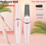 USB Rechargeable Electric Foot Pedicure Tool - Sleek White with Golden Accents, Dual Roller Heads for Smooth Feet, Portable Dead Skin & Callus Remover, 500mAh Lithium Battery, Home Spa Experience, Foot Smoothing Tool|Ergonomic Design|LED Display Feature - Image 2