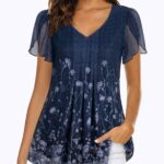 Women'S Tops Short Sleeve Shirts Casual V Neck Blouse Double Layers Mesh Tunics Tops
