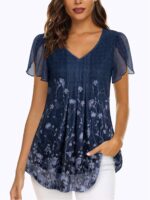 Women'S Tops Short Sleeve Shirts Casual V Neck Blouse Double Layers Mesh Tunics Tops
