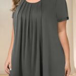 Plus Size Solid Color Pleated Button Detail T-shirt, Casual Short Sleeve Crew Neck Top For Spring & Summer, Women's Plus Size Clothing