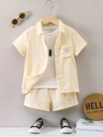 Boys' Summer Casual Cotton Shorts Set, Alphabet Print, Lapel Collar, Short Sleeve, with Placket, for Boys, for Outdoor - Image 2