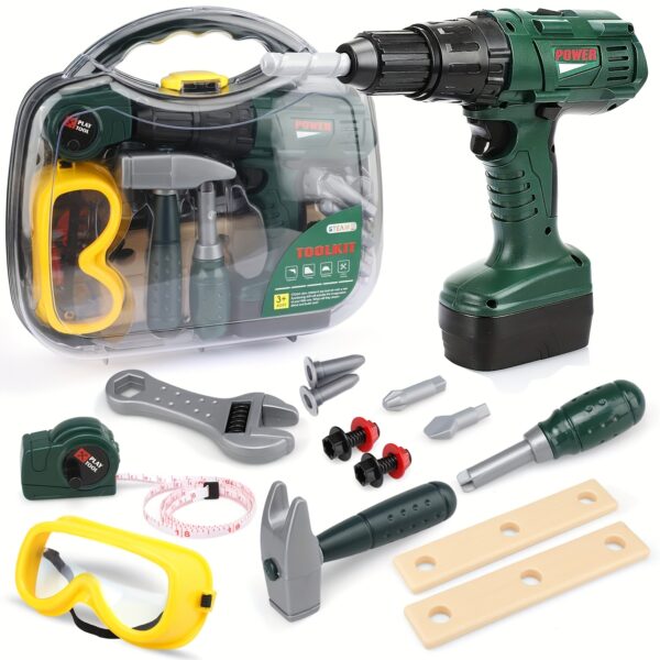 MISFANS 1 Kids Tool Set with Toy Drill and Hammer, Electronic Play Tool Kit, Pretend Play DIY Toy Box, Educational STEM Gift, with Carrying Case, for Children Ages 3-6 Years, Green Plastic Toys