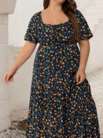 Rusttydustty Women's Boho Chic Maxi Dress - French Square Neck, Adjustable Tie-Front, Floral Print A-Line Pleated Hem, Breathable Short Sleeve for Music Festivals, Beach Vacations & Casual Outings, Festival Attire, Comfortable Fit - Image 3