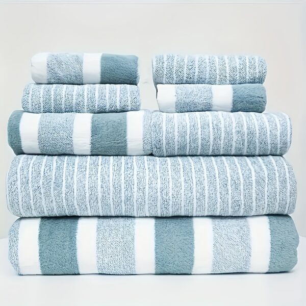 8pcs set Strip Soft Coral Velvet Towel Set, Household Face Towel, Hand Towel, Guest Towel, 2 Bath Towels + 2 Hand Towels + 4 Square Towels, Luxury Towel Bath Towel Combination Set, Suitable for School, Home, Outdoor Use, Bathroom Accessories