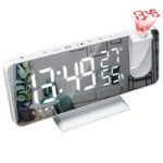 Smart Digital Alarm Clock with FM Radio, LED Display, Projection Feature, Temperature & Humidity Monitor, USB Powered, Plastic Rectangular Desk Clock with Button Battery Included