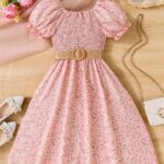 Charming Girls' Floral Summer Dress with Puff Sleeves and Belt - Lightweight Polyester, Machine Washable - Perfect for Beach Vacations - Image 13